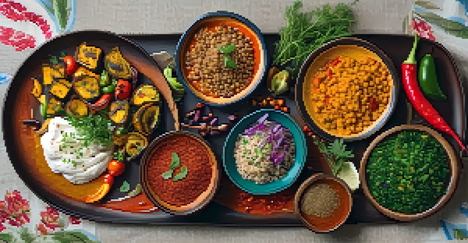An overhead view of a plate of vegan dishes, artfully arranged with colorful spices and garnished with fresh herbs.