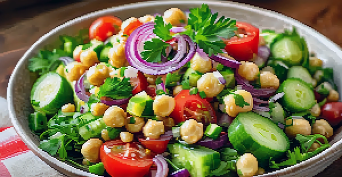 A vibrant chickpea salad with diced cucumbers, tomatoes, red onions, and fresh herbs in a wooden bowl, illuminated by sunlight.