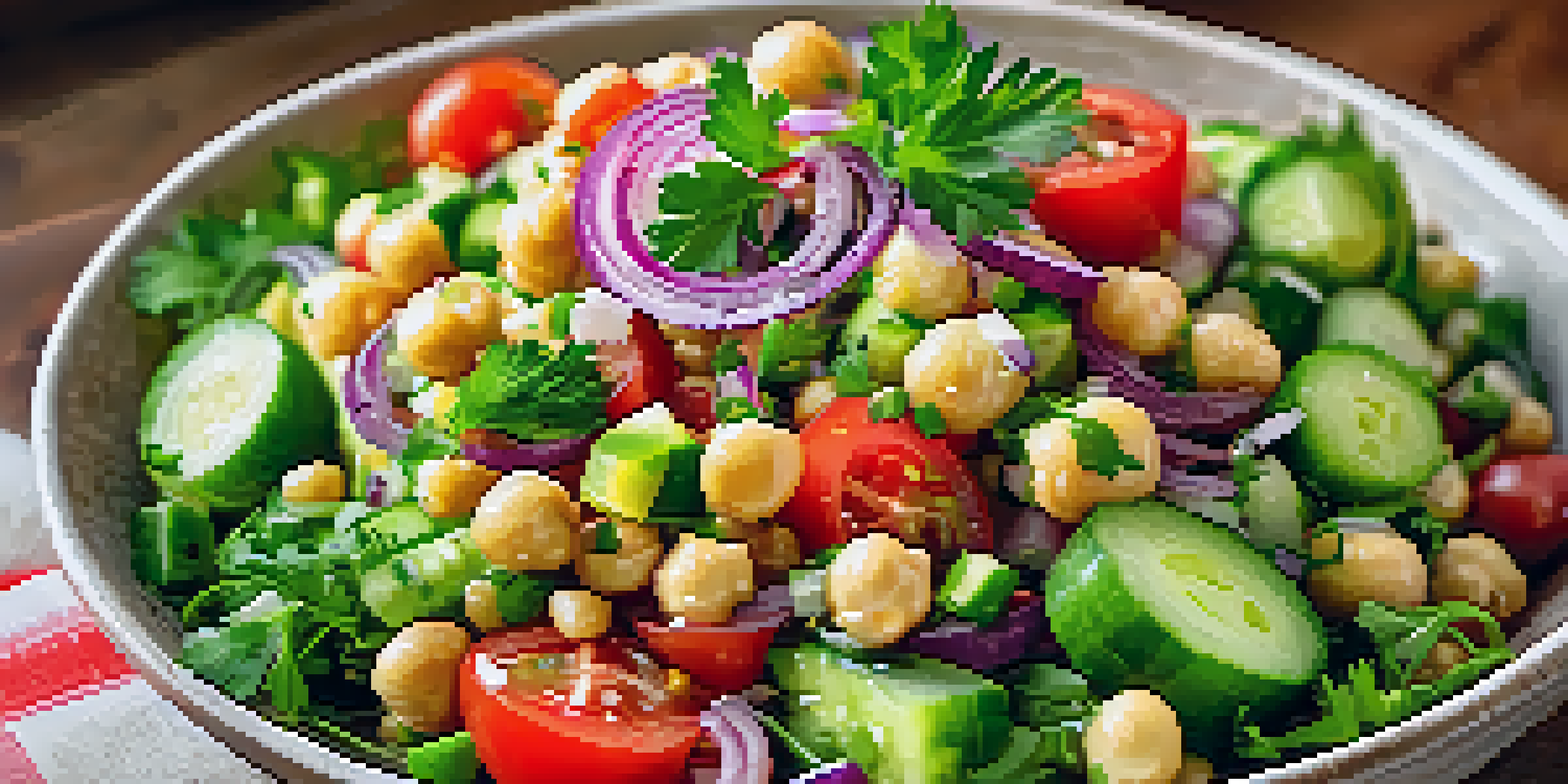 A vibrant chickpea salad with diced cucumbers, tomatoes, red onions, and fresh herbs in a wooden bowl, illuminated by sunlight.