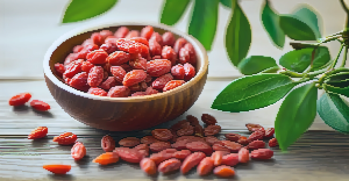 A close-up view of fresh goji berries on a wooden table, with some dried goji berries in a bowl, illuminated by natural sunlight.