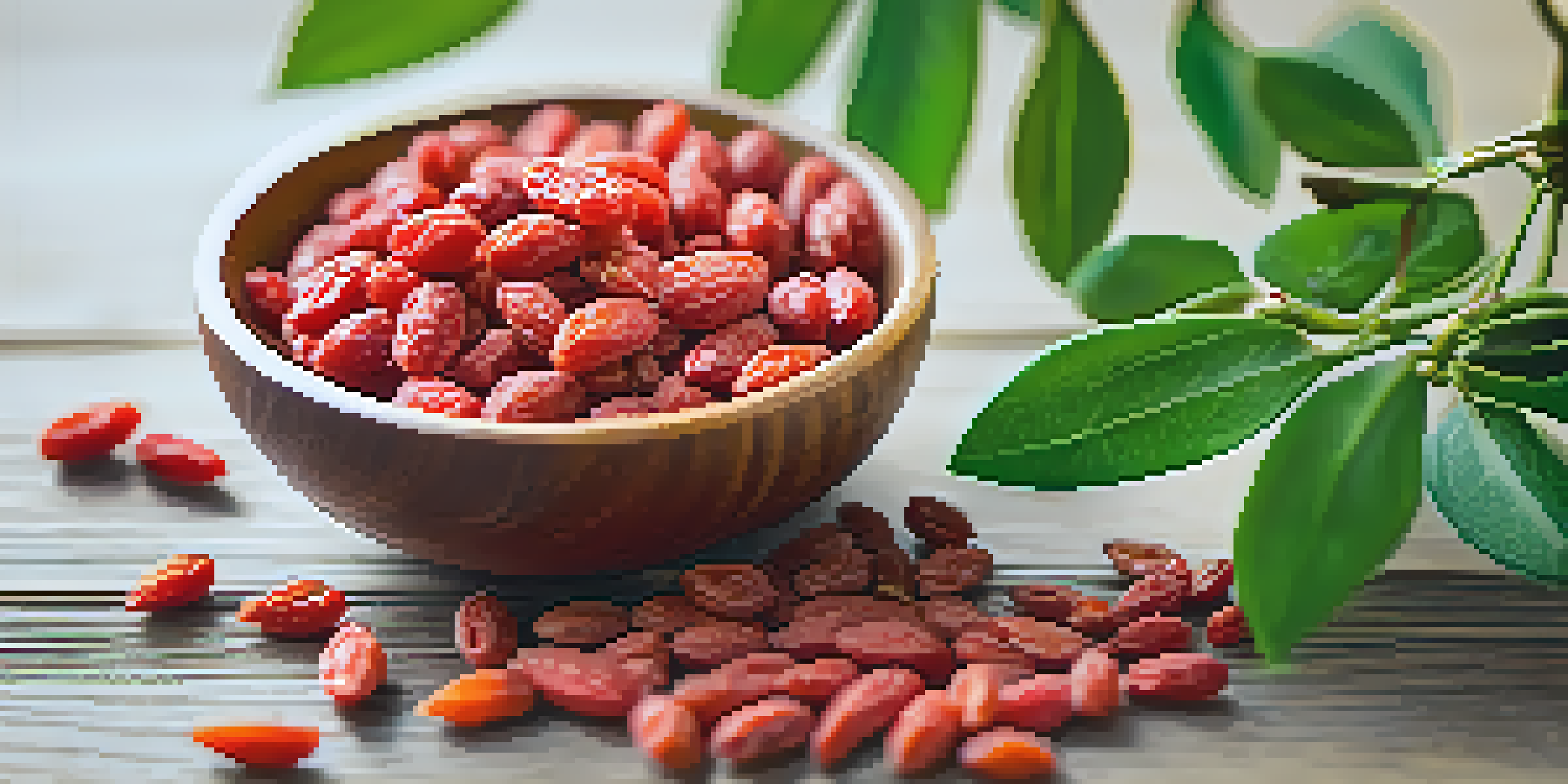 A close-up view of fresh goji berries on a wooden table, with some dried goji berries in a bowl, illuminated by natural sunlight.