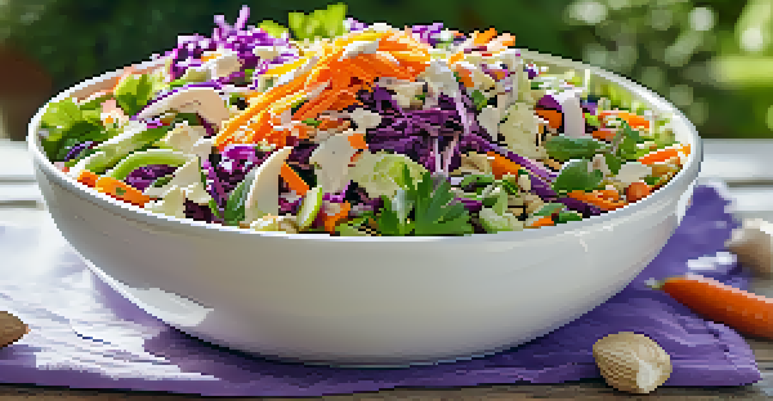 A white bowl filled with vibrant rainbow slaw, featuring colorful vegetables and a creamy dressing on a picnic table.