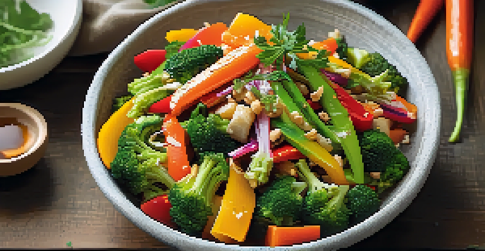 A vibrant stir-fry dish featuring a variety of colorful vegetables in a rustic bowl, with soy sauce and fresh herbs.