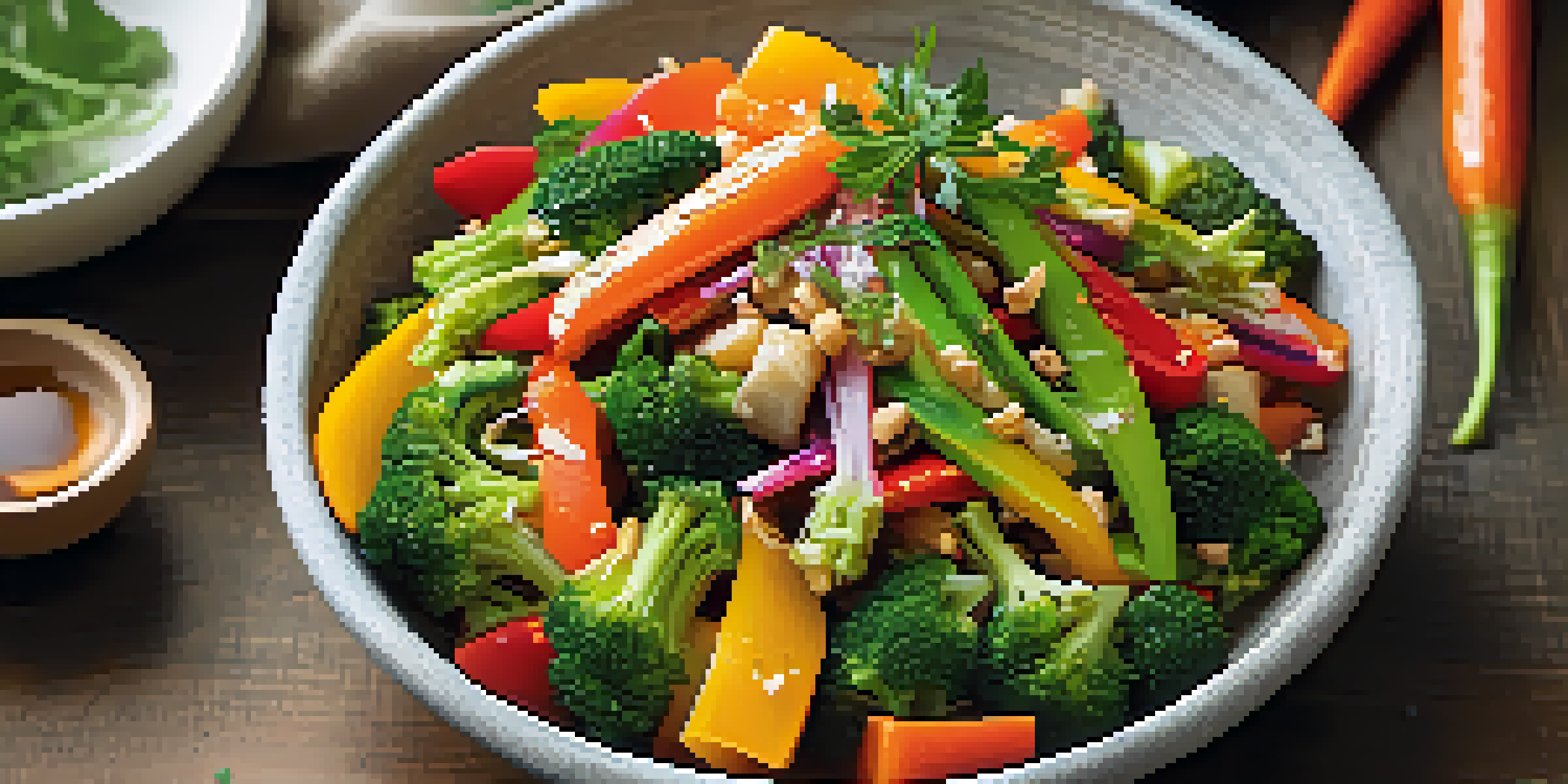 A vibrant stir-fry dish featuring a variety of colorful vegetables in a rustic bowl, with soy sauce and fresh herbs.