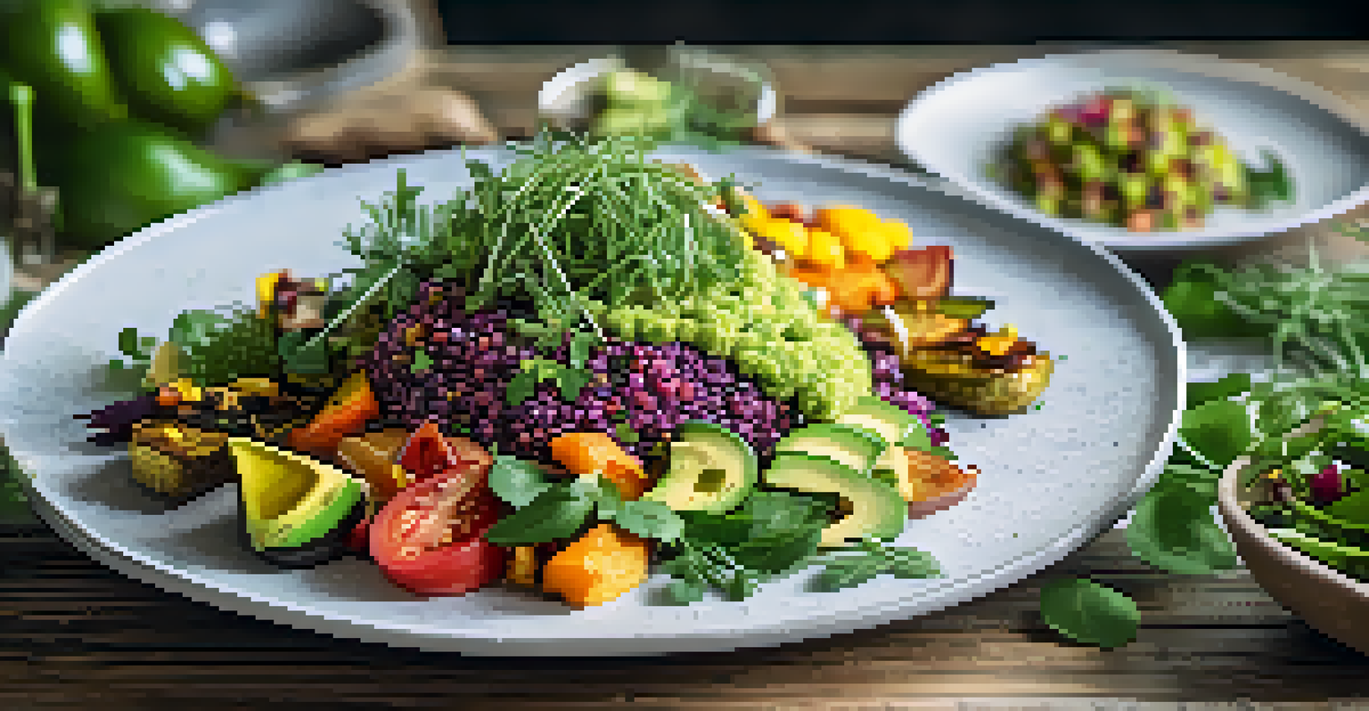 An elegant plate of gourmet plant-based dishes, showcasing a quinoa salad and roasted vegetables, presented on a rustic wooden table.