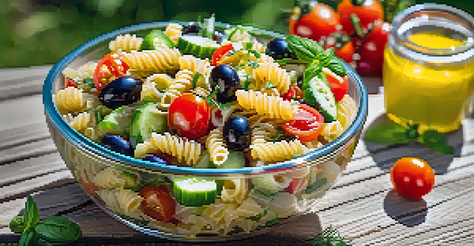 A glass bowl filled with vibrant vegan pasta salad featuring cherry tomatoes, cucumbers, and olives, set on a sunny picnic table.