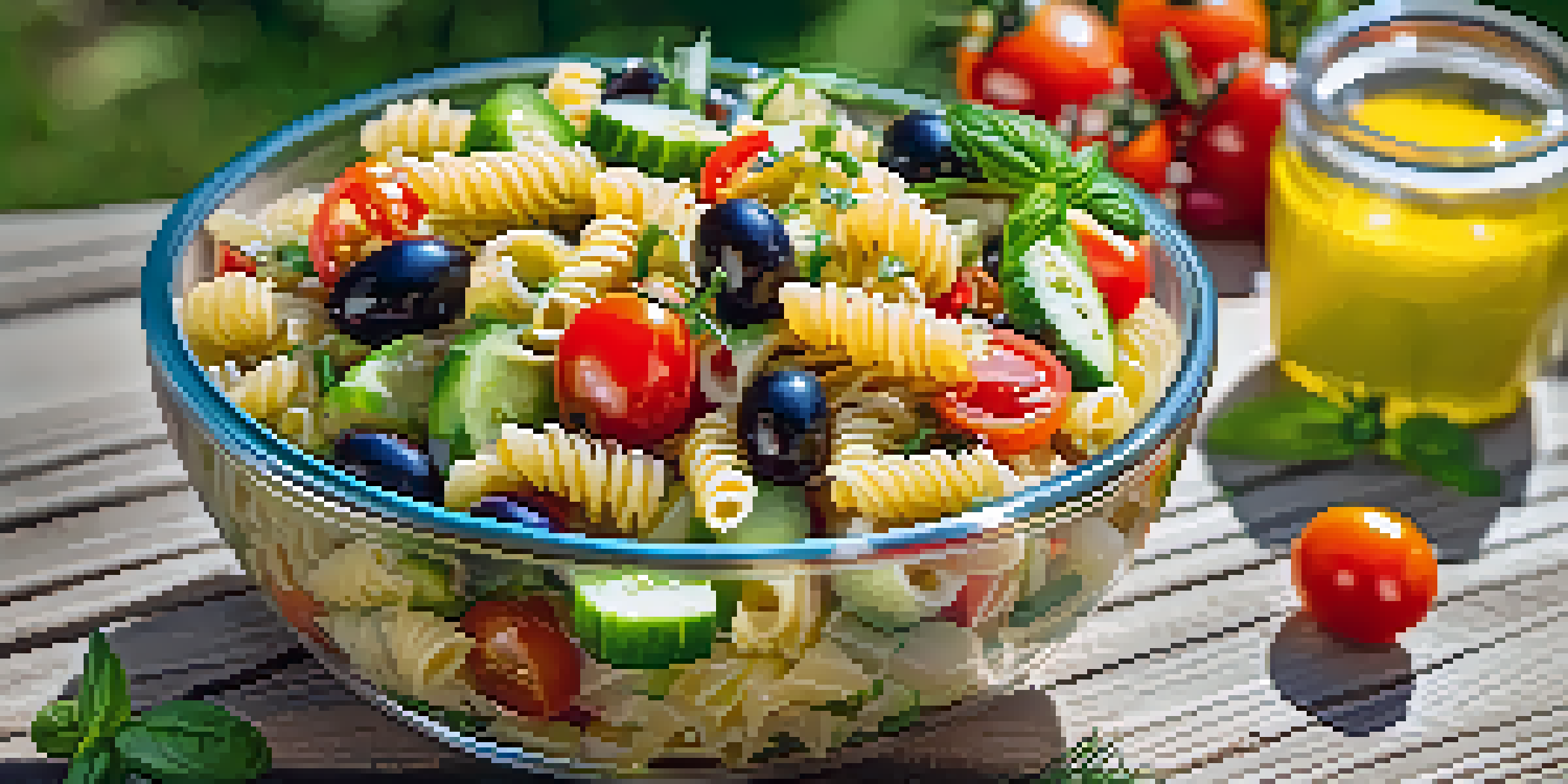 A glass bowl filled with vibrant vegan pasta salad featuring cherry tomatoes, cucumbers, and olives, set on a sunny picnic table.