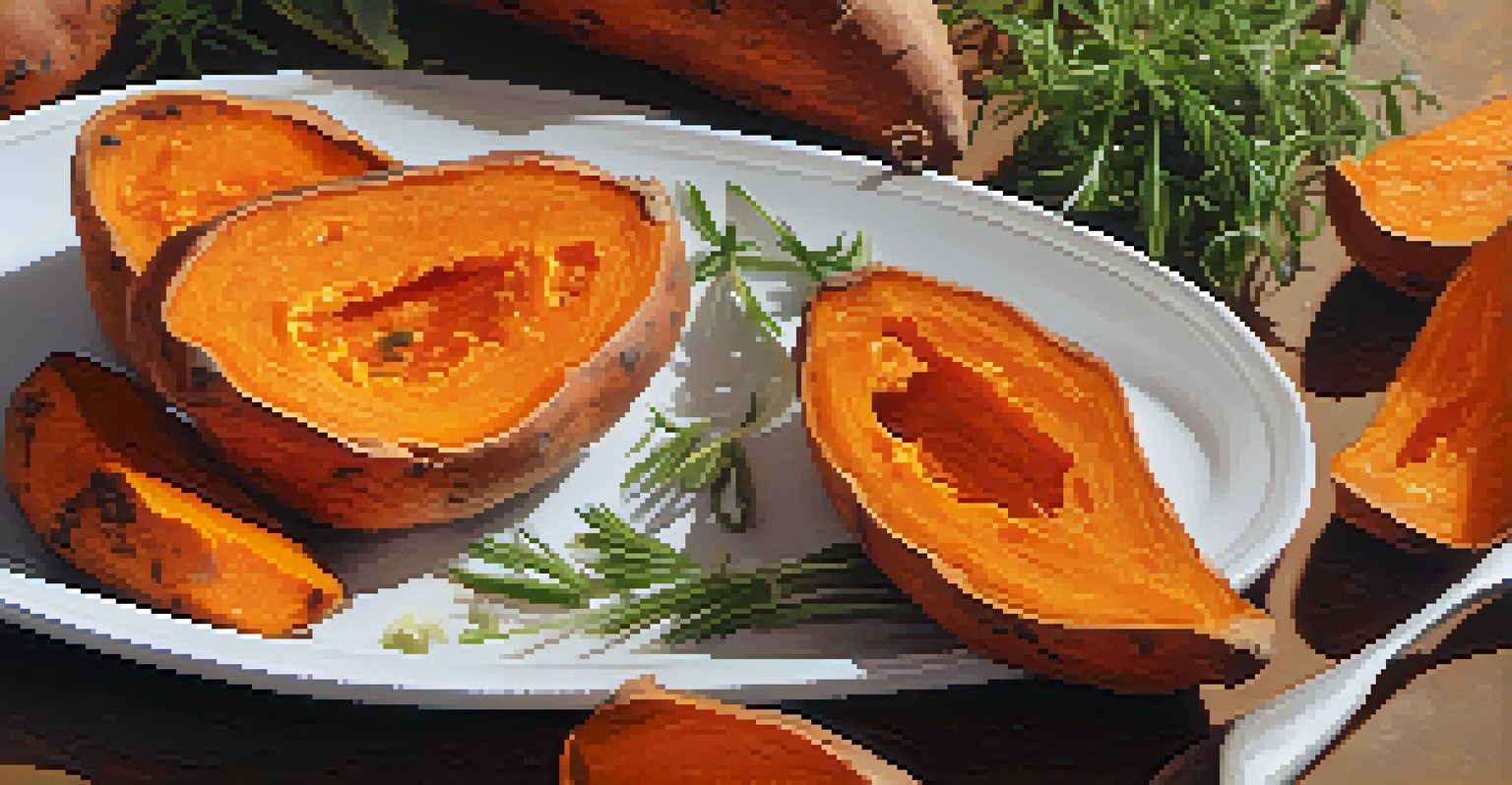 Artfully arranged roasted sweet potatoes on a white plate, garnished with herbs.
