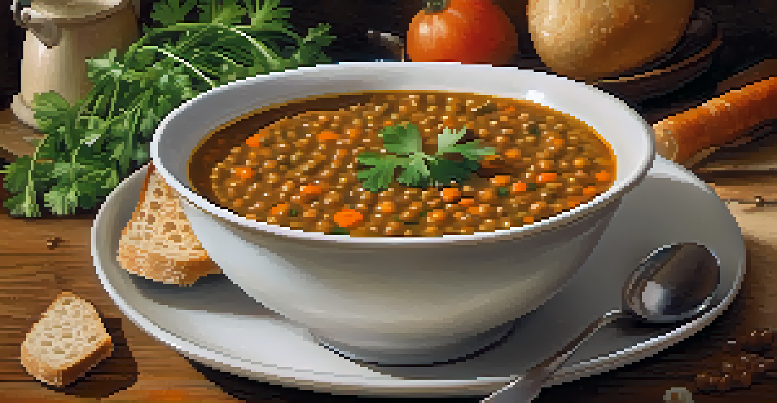 A warm bowl of lentil soup with parsley garnish and a slice of bread, on a wooden table.