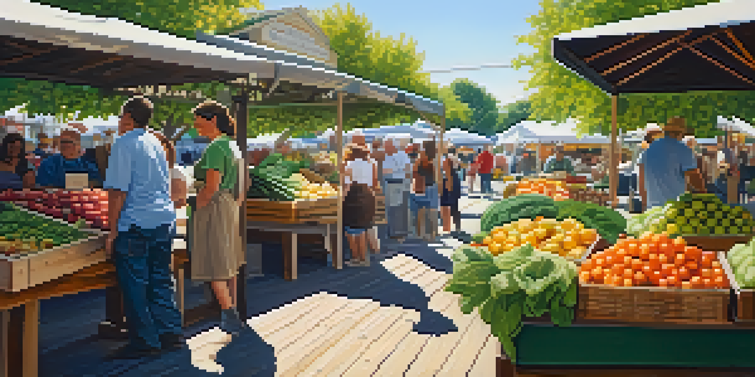 A lively farmers' market with farmers selling fresh fruits and vegetables under sunlight.