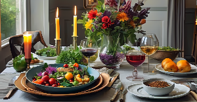 A dining table set with colorful vegan dishes, surrounded by flowers and greenery, illuminated by soft candlelight.