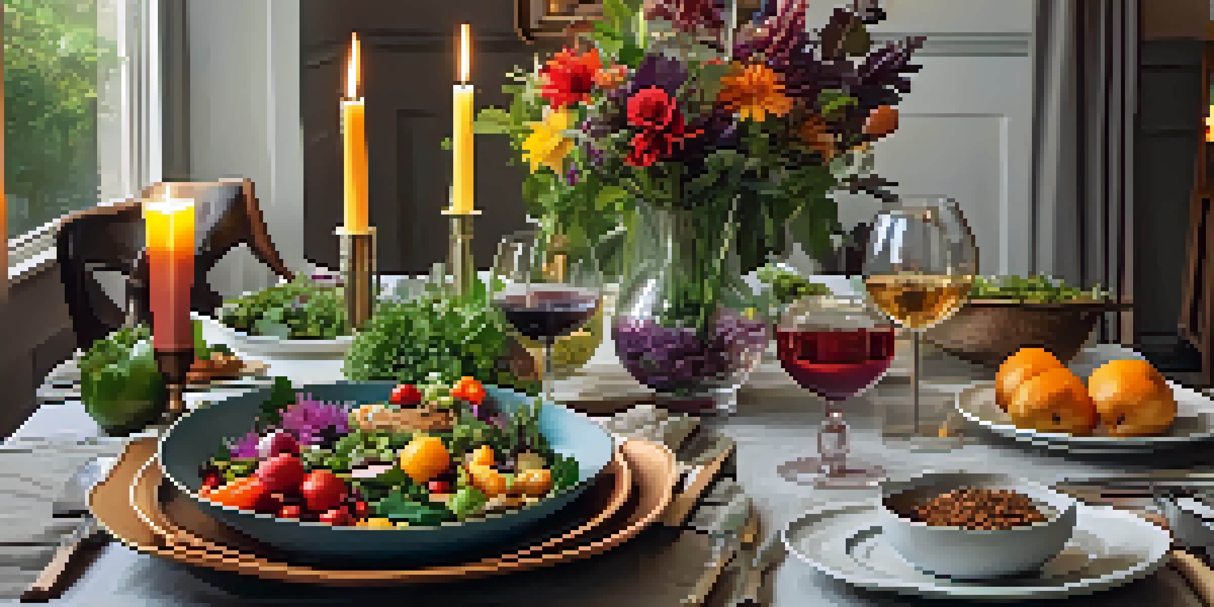 A dining table set with colorful vegan dishes, surrounded by flowers and greenery, illuminated by soft candlelight.