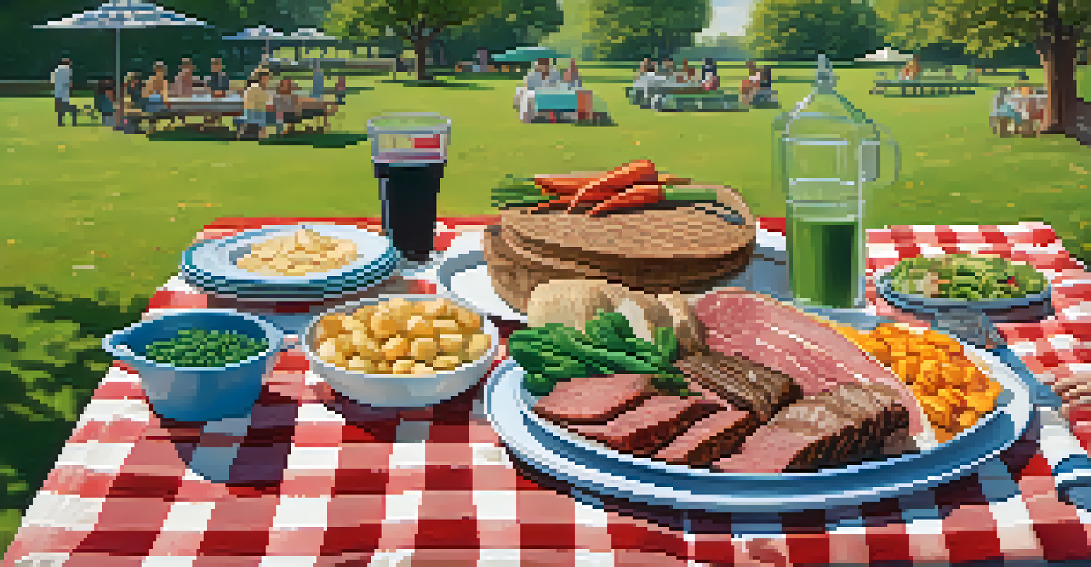 A picnic scene in a park with a platter of plant-based meat alternatives, families enjoying the outdoor meal.