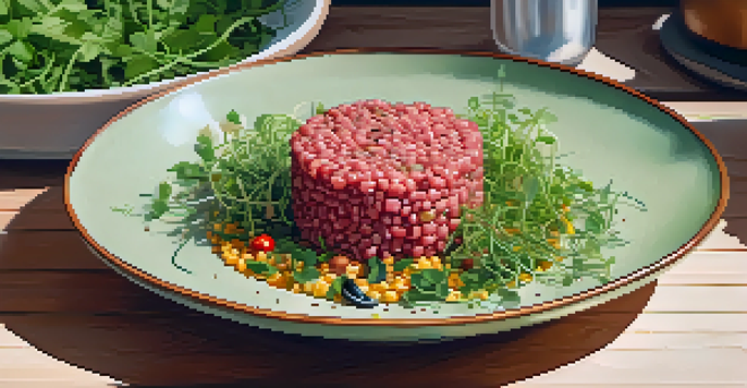 A bowl of colorful plant-based tuna tartare with garnishes, set in a sunny kitchen filled with fresh vegetables.