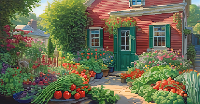 A colorful home garden filled with ripe tomatoes, fresh basil, and leafy spinach under soft sunlight.