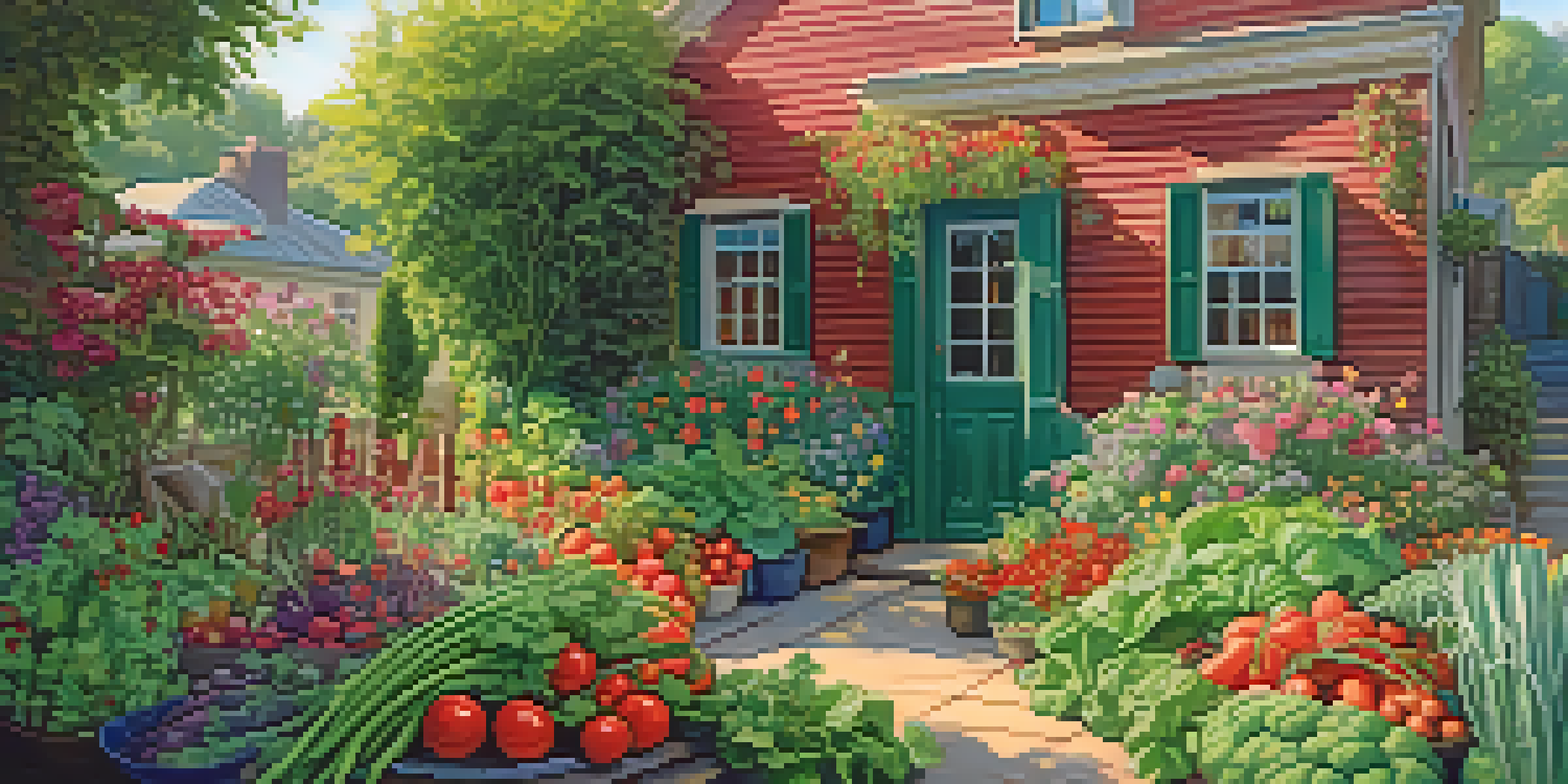 A colorful home garden filled with ripe tomatoes, fresh basil, and leafy spinach under soft sunlight.