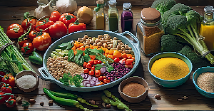 An inviting display of a vegan meal kit with fresh ingredients like vegetables, grains, and spices on a wooden table, illuminated by soft natural light.