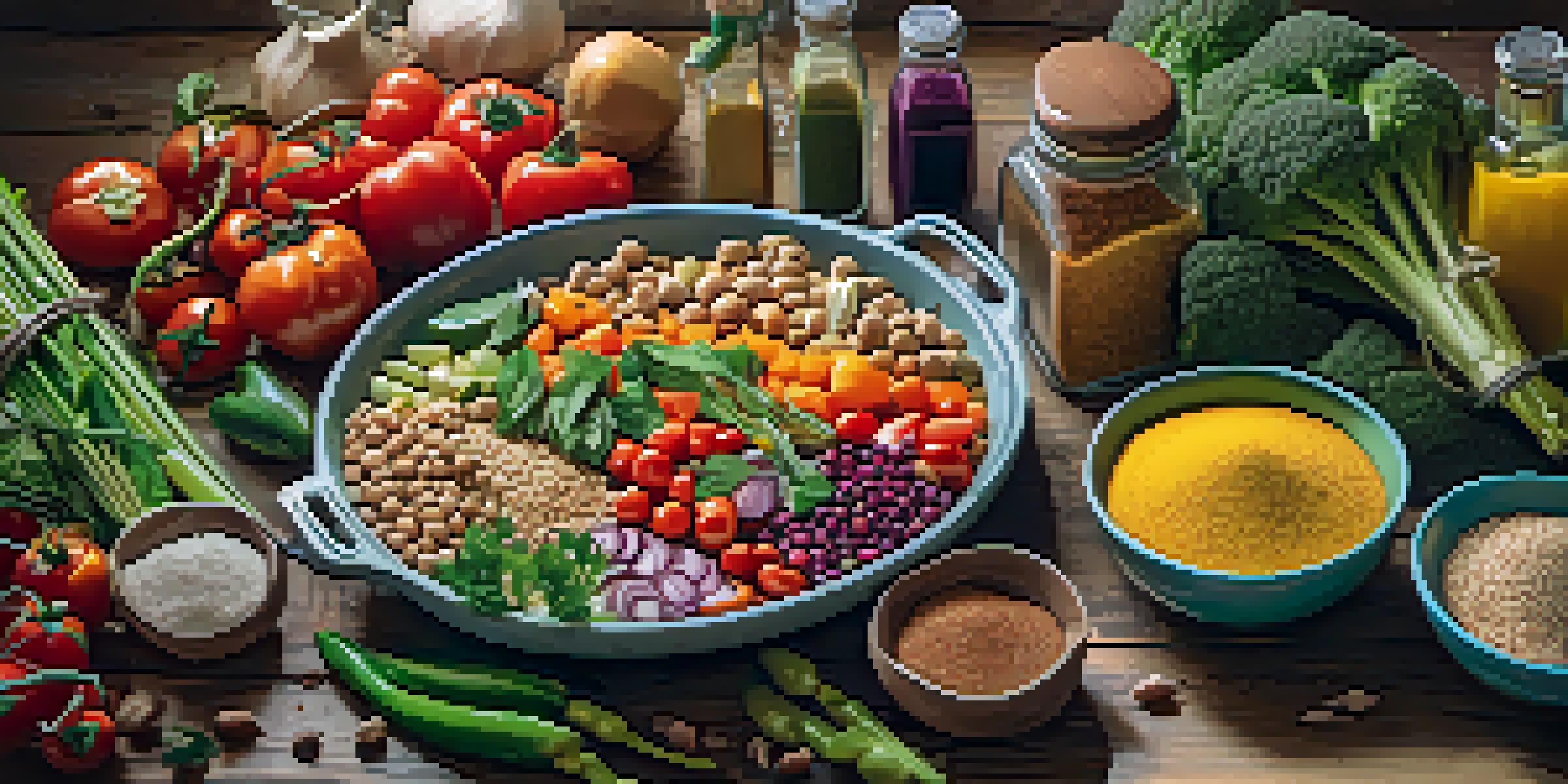 An inviting display of a vegan meal kit with fresh ingredients like vegetables, grains, and spices on a wooden table, illuminated by soft natural light.