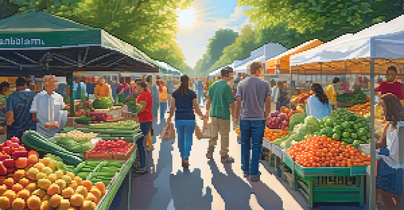 A lively market filled with colorful fruits and vegetables, with people shopping and banners promoting sustainability and veganism.