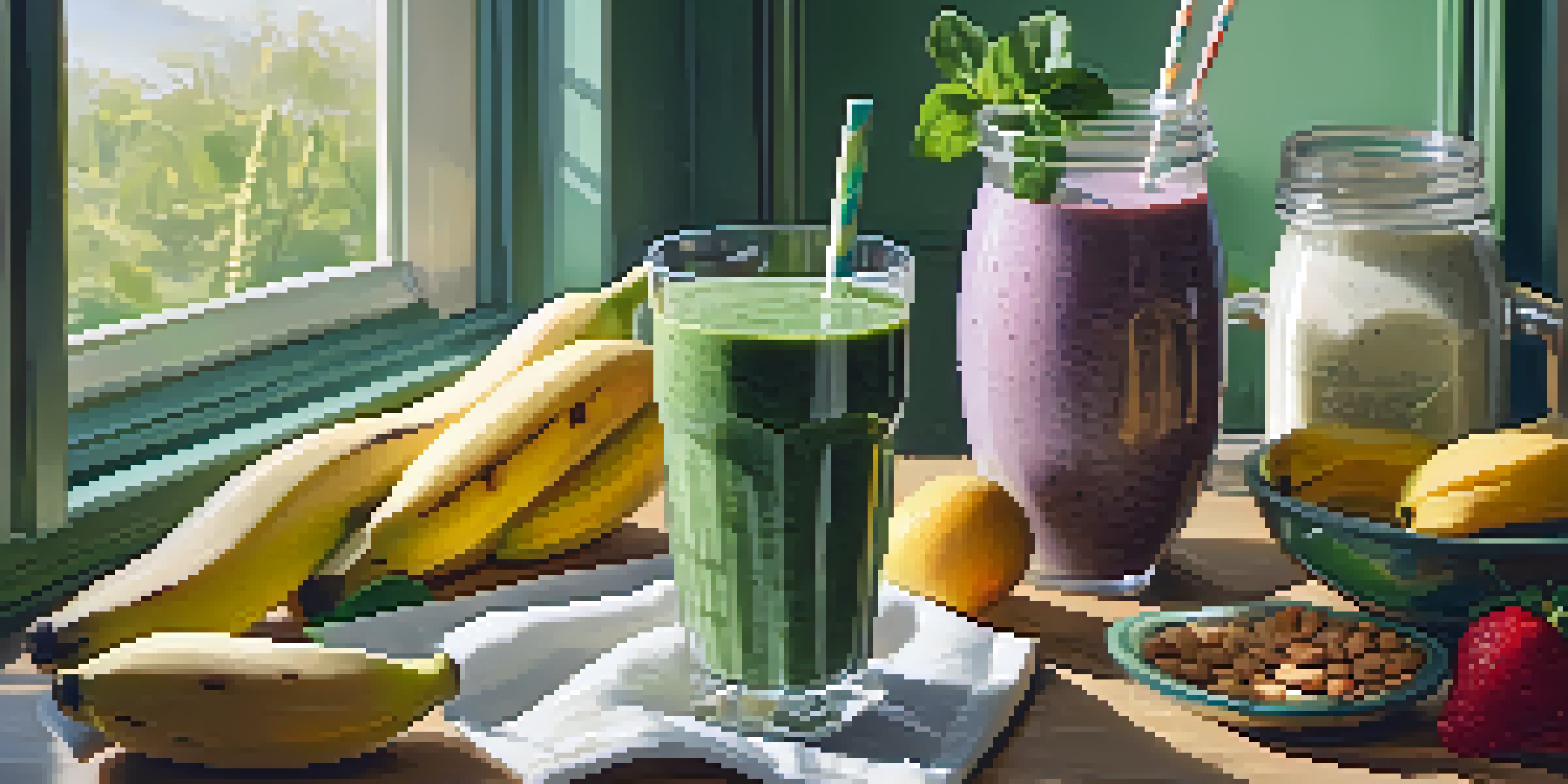 A colorful breakfast smoothie made from spinach, banana, and almond milk in a clear glass, surrounded by fresh fruits and chia seeds, with sunlight streaming in.