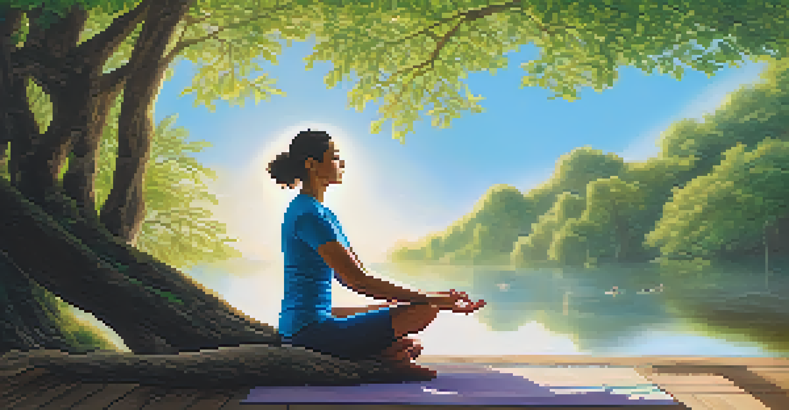 A person practicing yoga in a peaceful outdoor setting with greenery and blue sky, symbolizing the connection between mind and gut health.