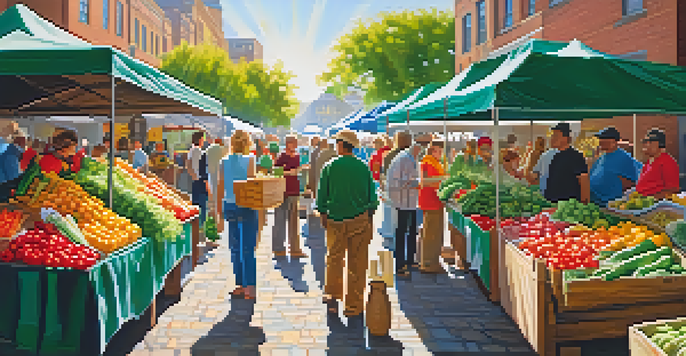 A lively farmers' market with colorful stalls of fruits and vegetables, shoppers interacting with vendors, and sunlight creating shadows.