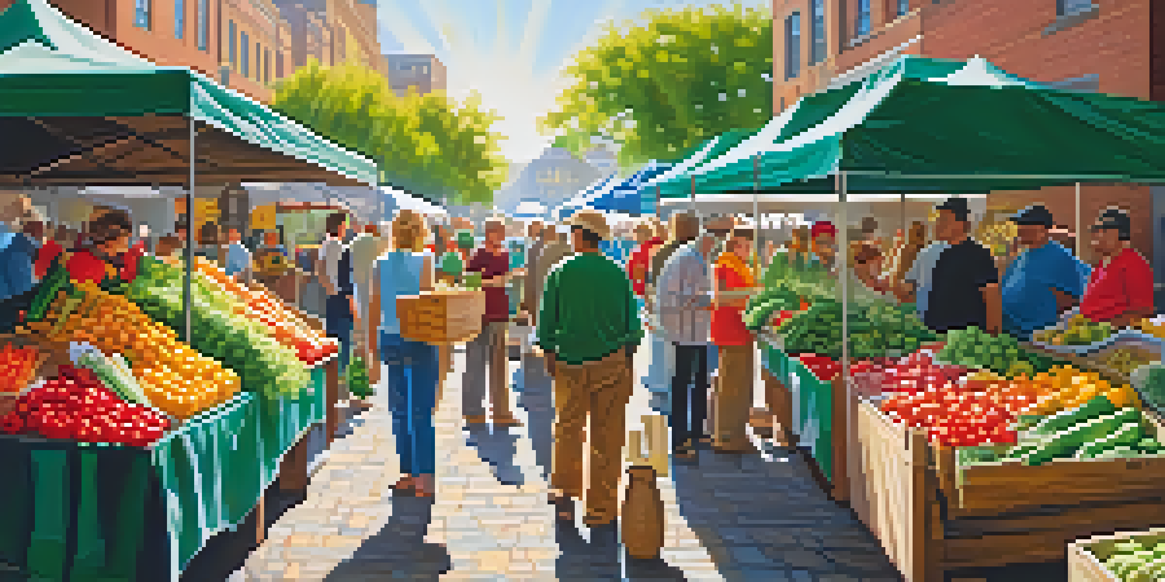 A lively farmers' market with colorful stalls of fruits and vegetables, shoppers interacting with vendors, and sunlight creating shadows.