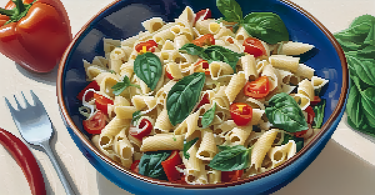 A large bowl of creamy vegan pasta salad with colorful pasta, spinach, tomatoes, and bell peppers, garnished with herbs, set outdoors in soft sunlight.