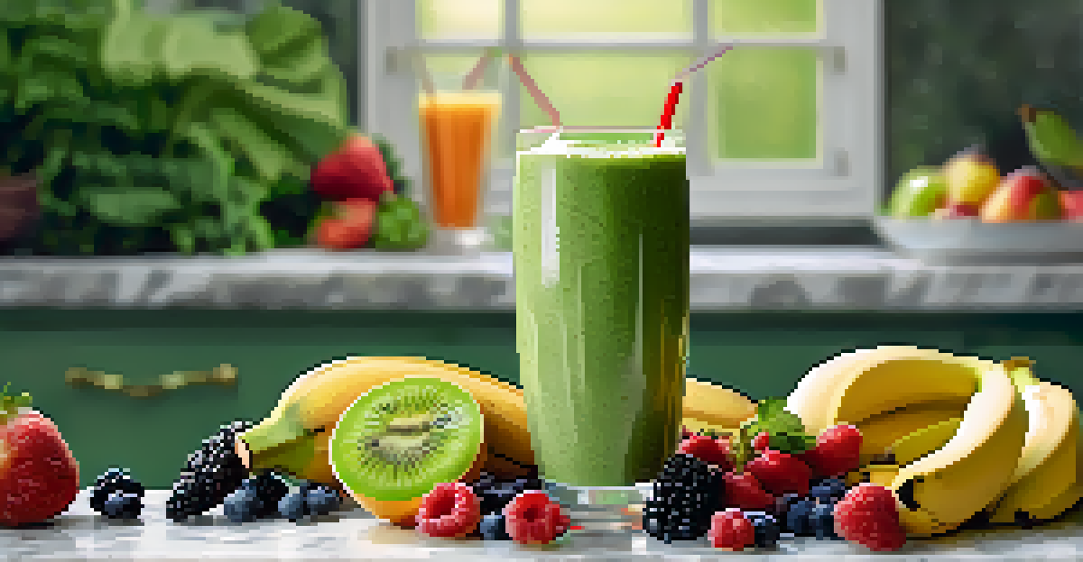 A green smoothie in a clear glass, surrounded by fresh fruits on a marble countertop with soft lighting.