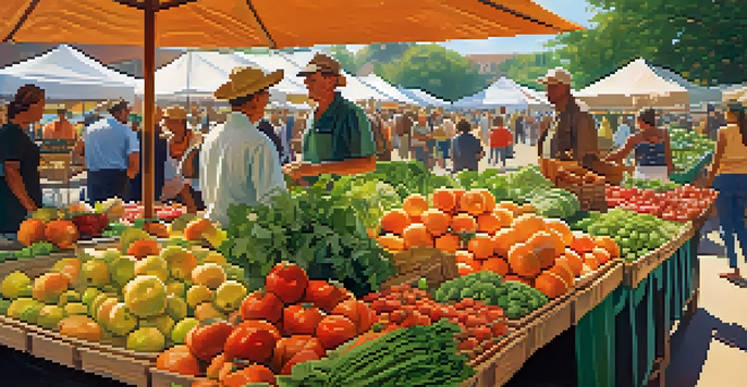A bustling farmer's market with diverse people examining fresh fruits and vegetables under warm sunlight.