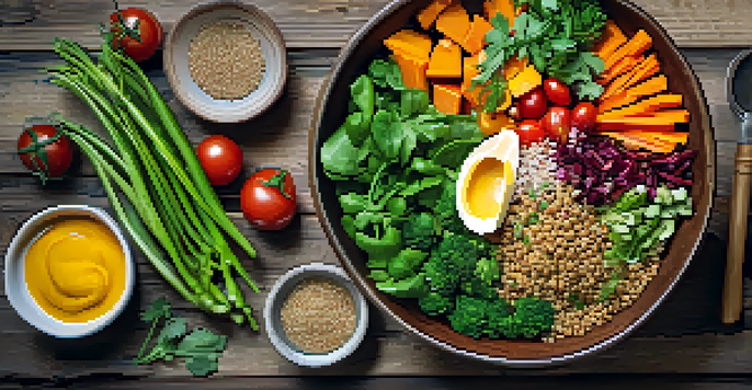 A colorful Buddha bowl filled with quinoa, roasted sweet potatoes, cherry tomatoes, and fresh herbs on a wooden table.