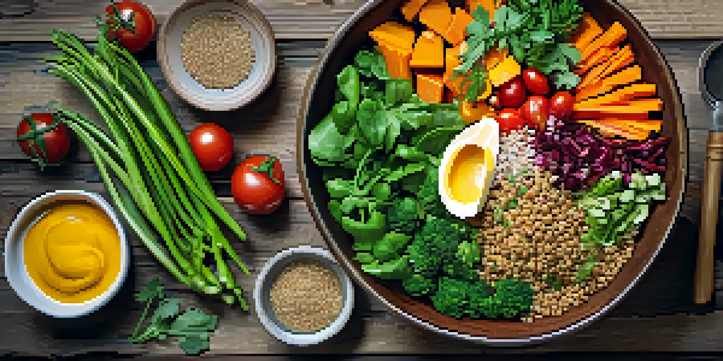 A colorful Buddha bowl filled with quinoa, roasted sweet potatoes, cherry tomatoes, and fresh herbs on a wooden table.