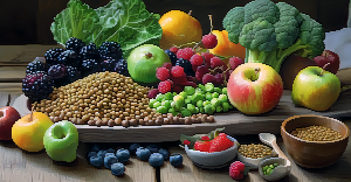 A colorful vegan meal platter filled with fruits, vegetables, and lentils, illuminated by natural sunlight on a rustic wooden table.
