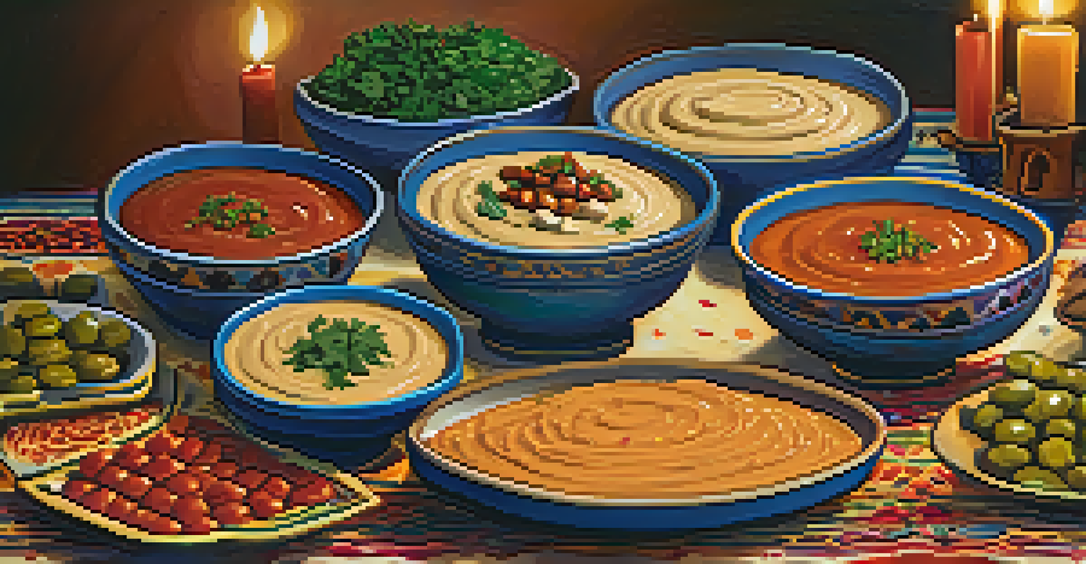 A platter of Middle Eastern vegan dips including hummus, baba ganoush, and muhammara, served with pita bread and vegetables, illuminated by soft candlelight.