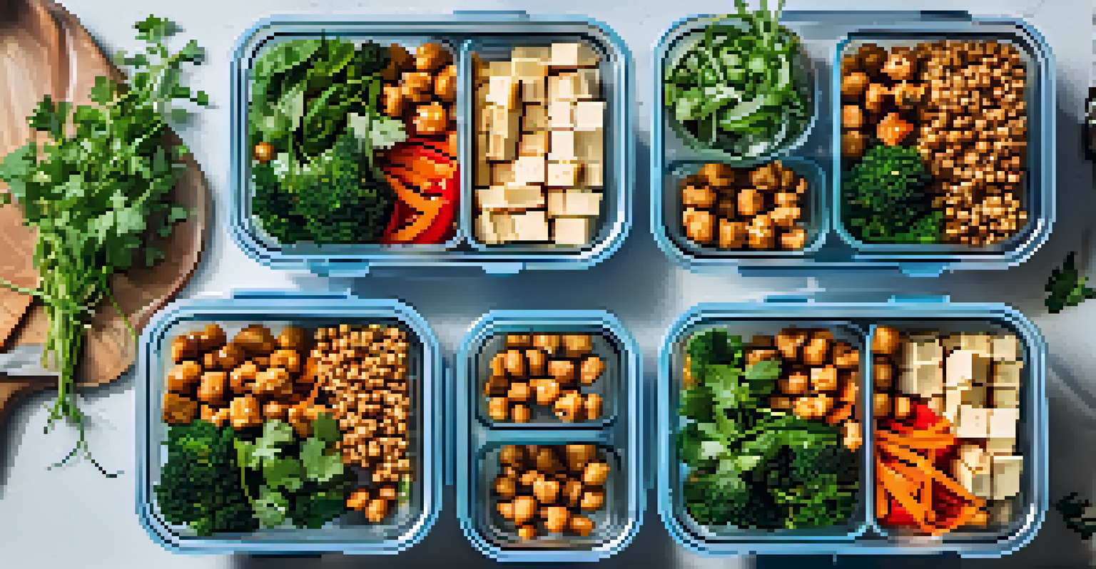 A meal prep scene showcasing containers filled with tofu stir-fry, quinoa salad, and roasted chickpeas, arranged on a kitchen countertop with sunlight.