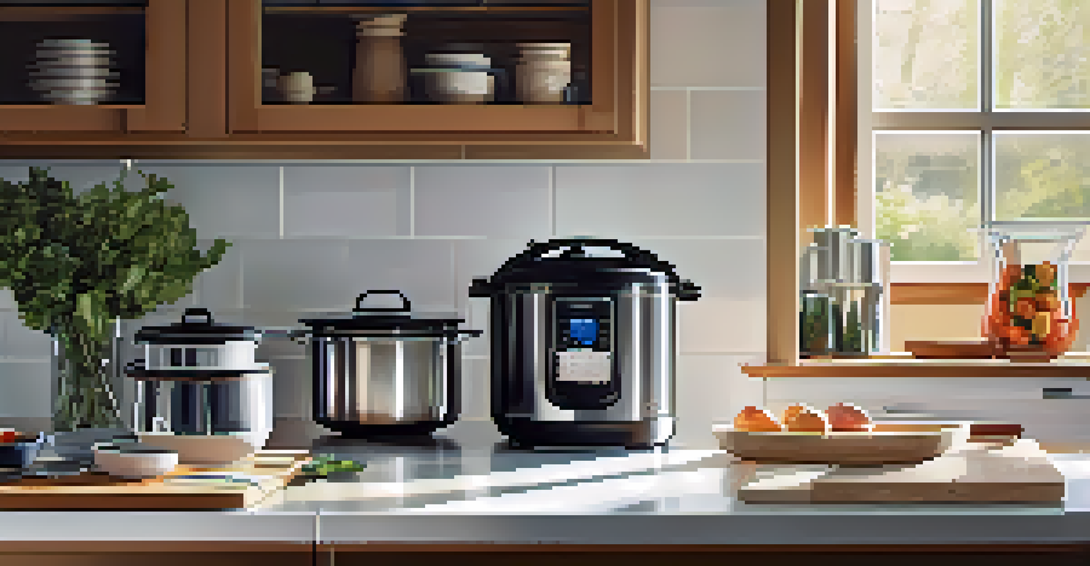 An organized kitchen countertop with a blender and slow cooker, bathed in sunlight.
