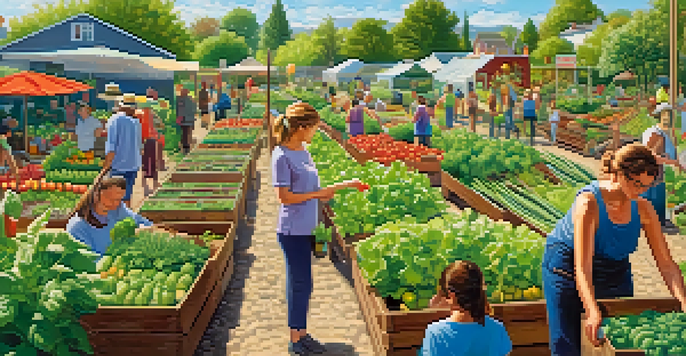 A community garden with diverse vegetables and fruits being tended by various gardeners under a sunny sky.