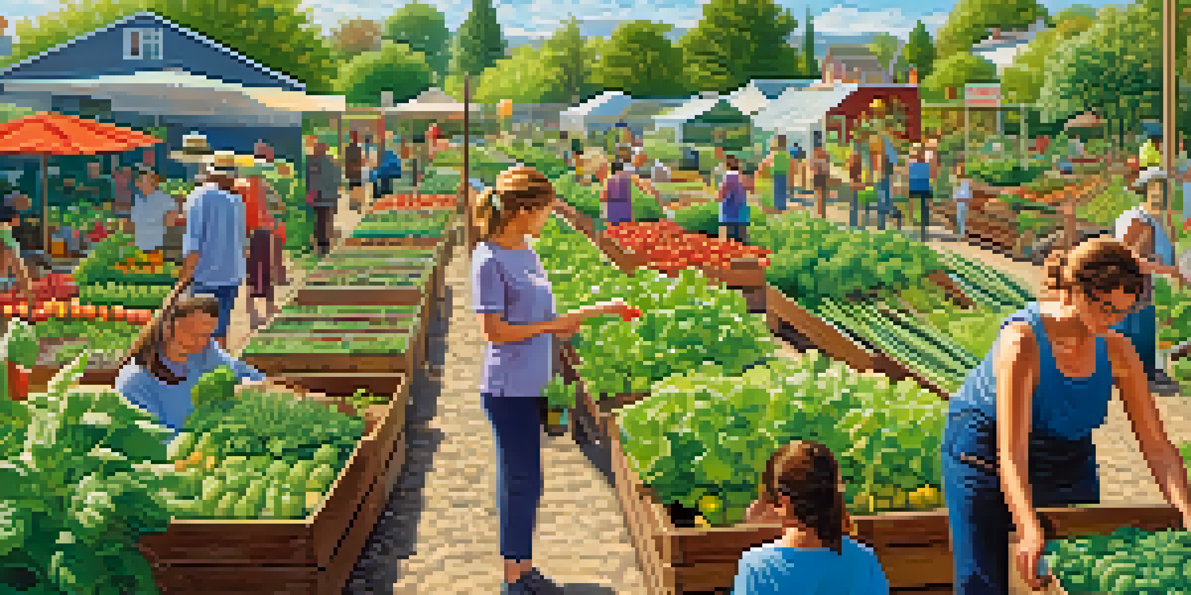 A community garden with diverse vegetables and fruits being tended by various gardeners under a sunny sky.