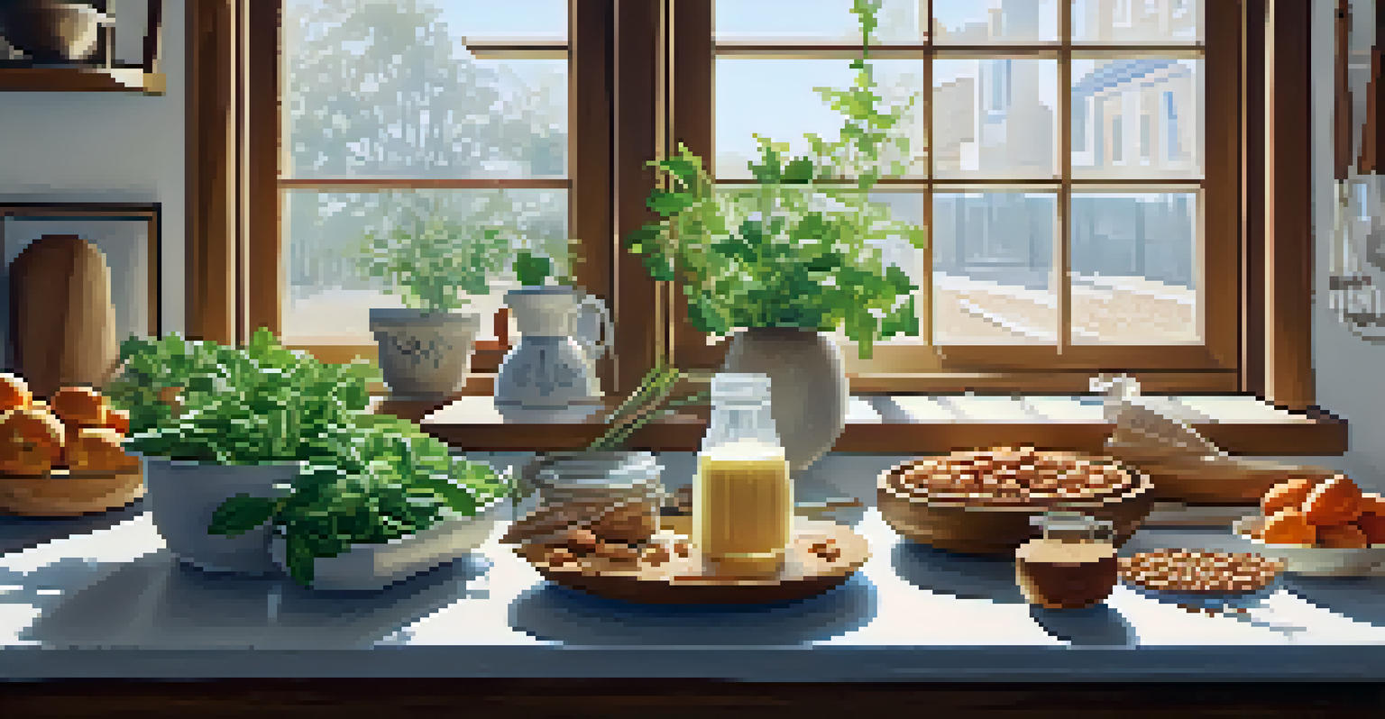A kitchen countertop showcasing legumes, grains, almond milk, and an open cookbook with a plant-based recipe, illuminated by natural light.