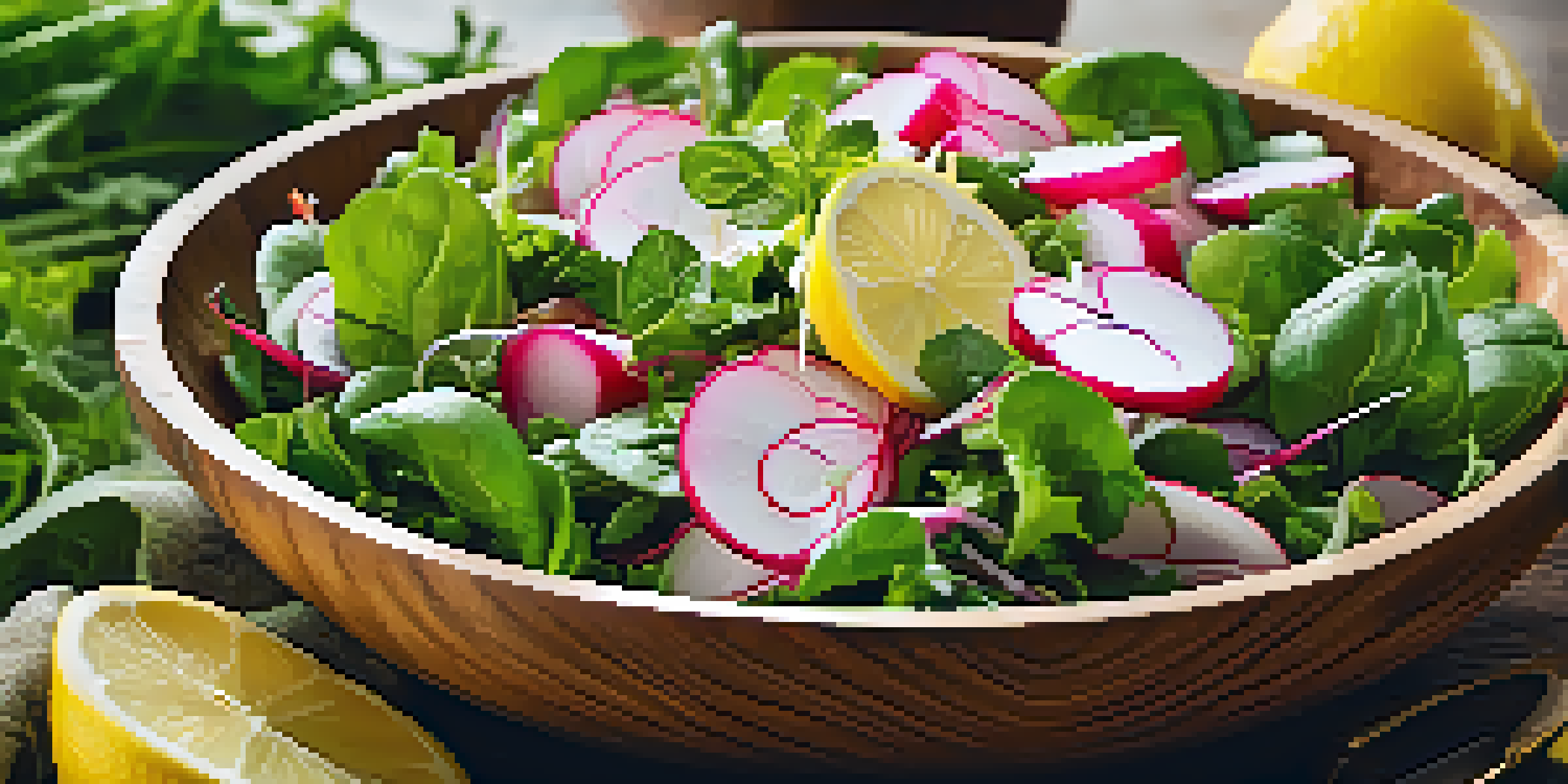 A colorful spring salad with mixed greens and radishes, drizzled with lemon vinaigrette in a wooden bowl, with sunlight illuminating the scene.