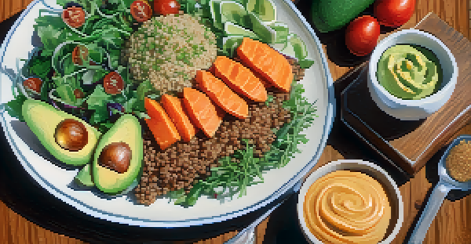 A colorful vegan meal with salad, quinoa, and hummus on a wooden table bathed in soft natural light.