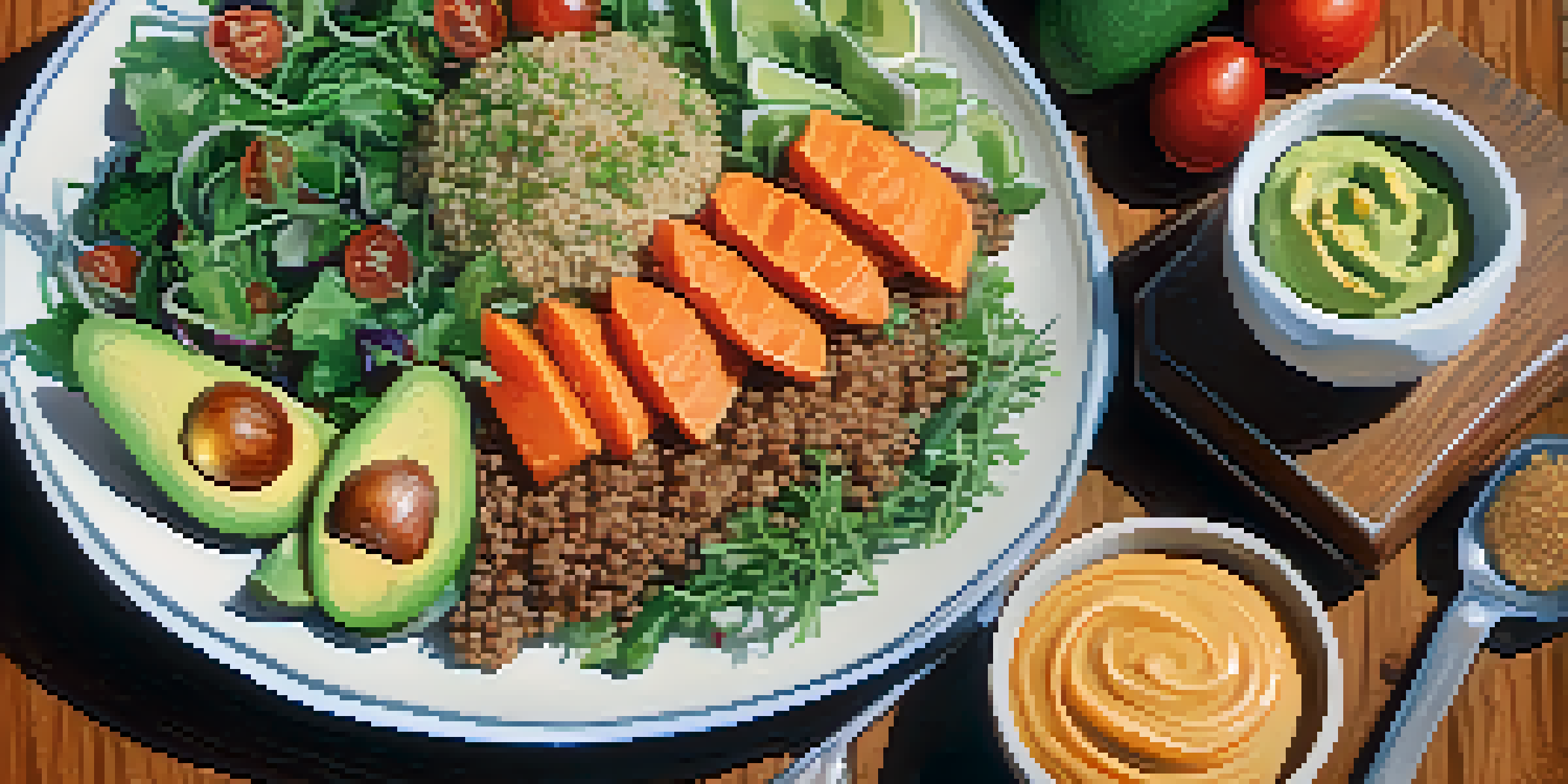 A colorful vegan meal with salad, quinoa, and hummus on a wooden table bathed in soft natural light.