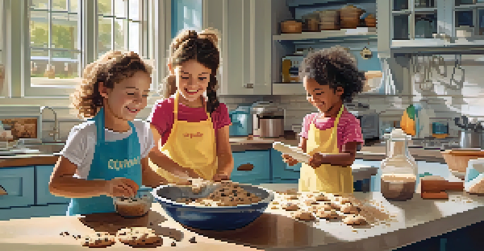 Children joyfully baking vegan chocolate chip cookies in a sunny kitchen, with various ingredients spread across the countertop.