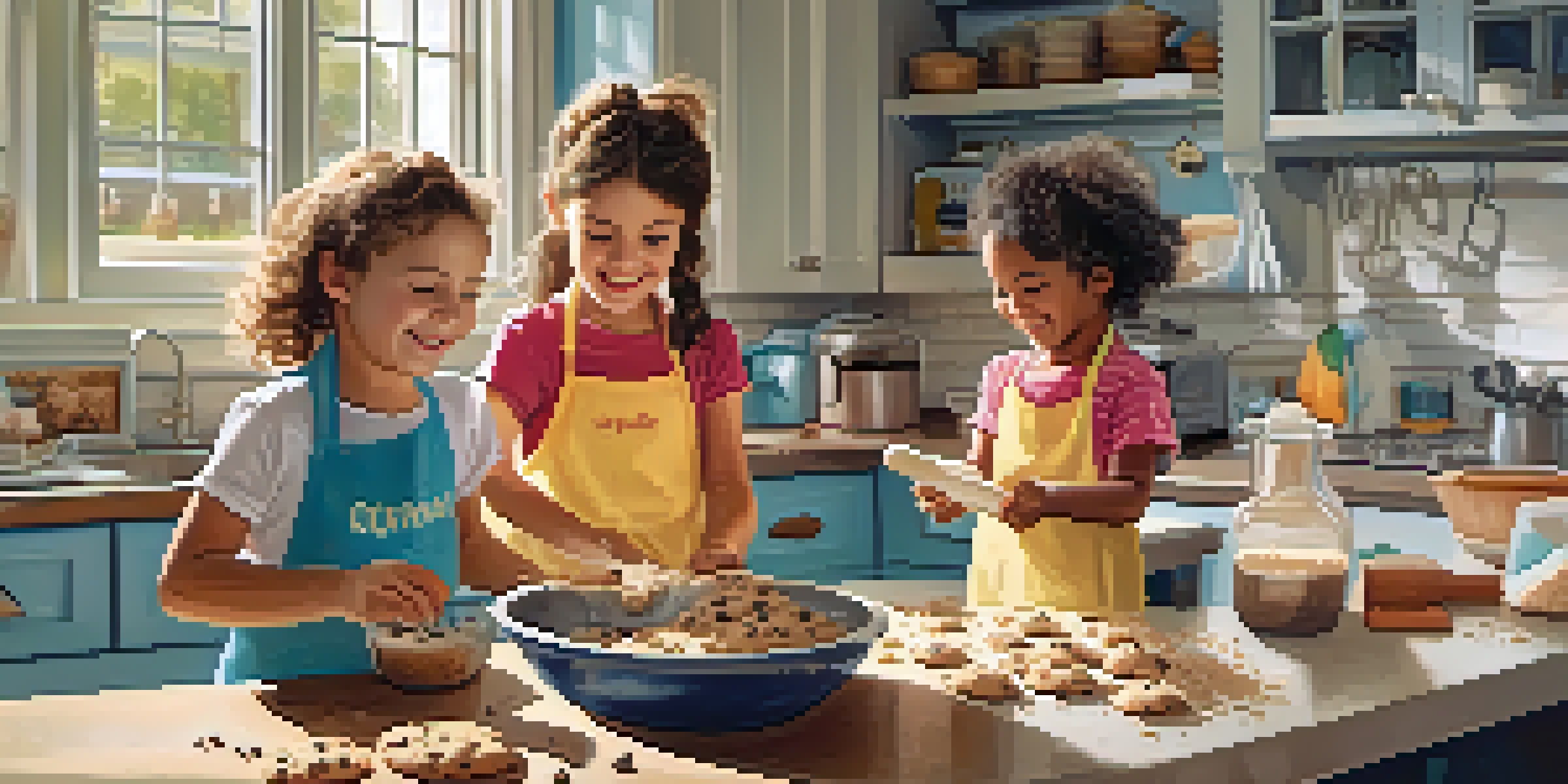 Children joyfully baking vegan chocolate chip cookies in a sunny kitchen, with various ingredients spread across the countertop.