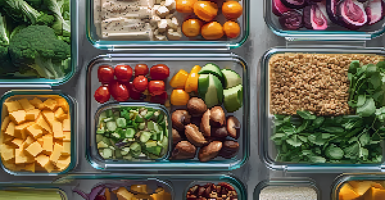 An organized fridge filled with glass containers of colorful vegan meals, each labeled with dates, surrounded by fresh herbs and seasonal produce.