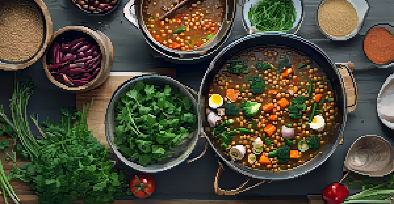 A one-pot meal on a stove with grains and vegetables, accompanied by fresh herbs and a wooden spoon.