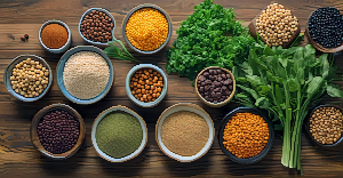 A vibrant arrangement of plant-based protein sources including lentils, chickpeas, quinoa, and nuts on a wooden table, illuminated by sunlight.