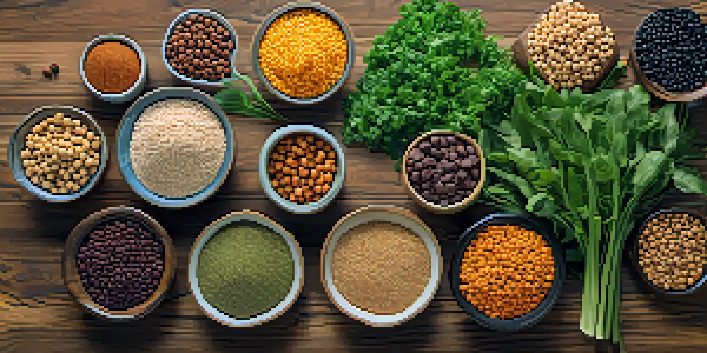 A vibrant arrangement of plant-based protein sources including lentils, chickpeas, quinoa, and nuts on a wooden table, illuminated by sunlight.
