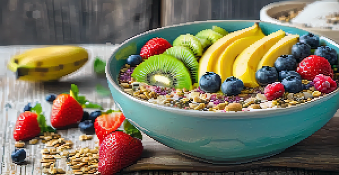 A vibrant smoothie bowl with fruits and toppings on a wooden table, illuminated by sunlight.