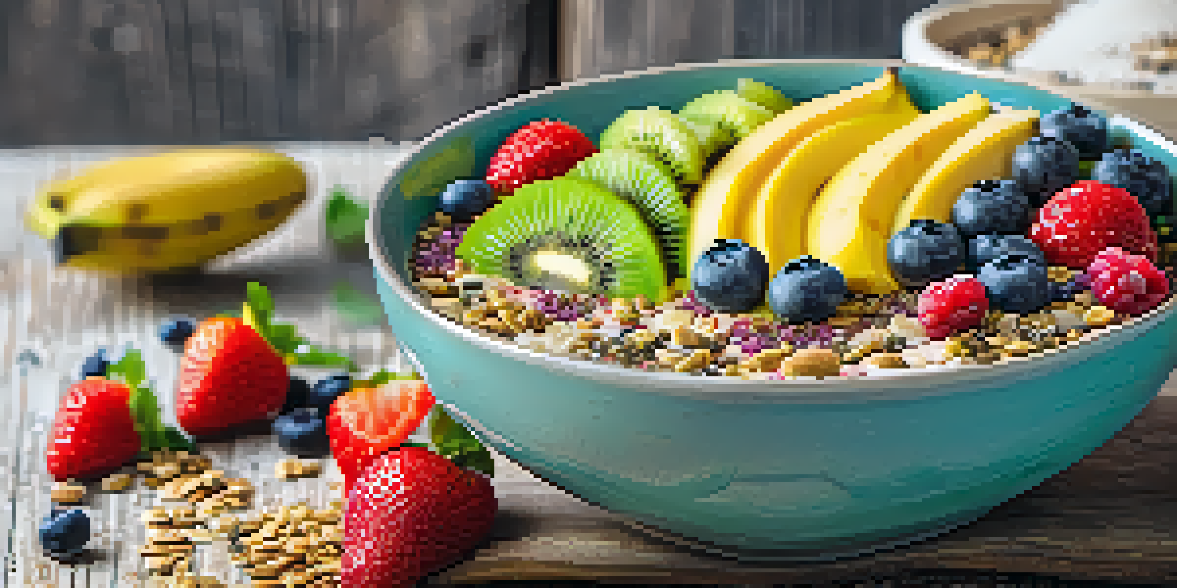 A vibrant smoothie bowl with fruits and toppings on a wooden table, illuminated by sunlight.